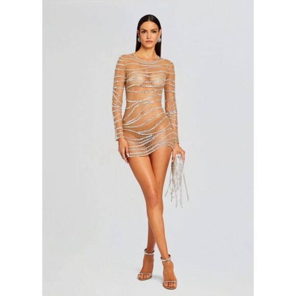 Retrofete Raes Womens Sheer Embellished Long Sleeve Tannin Silver Size Large
